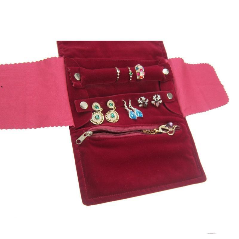 Velvet Jewelry Organizer Roll Travel Zipper Case Pouch Storage Bag for Necklace