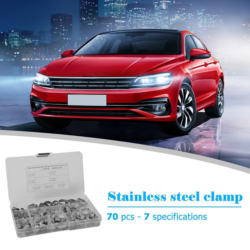 70pcs 7 Sizes Stainless Steel Single Ear Hose Clamps Fuel Air Pipe O Clips