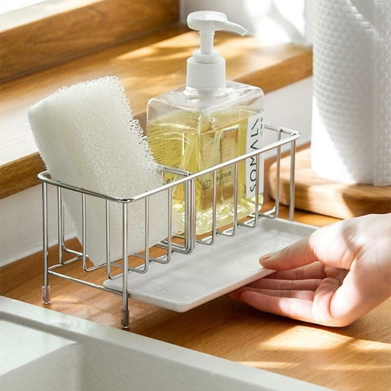 Sink Caddy Organizer Countertop Sponge Brush Soap Holder with Drain Pan