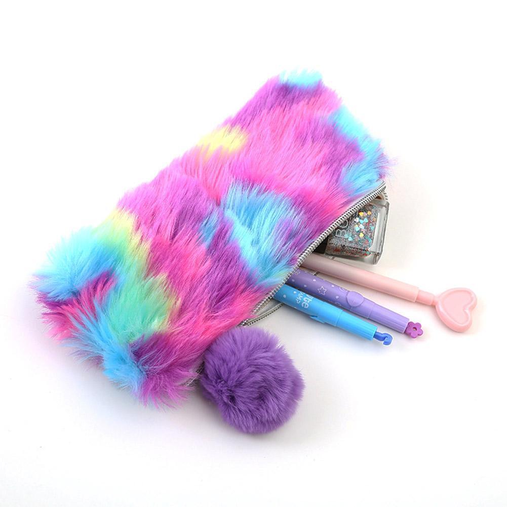 Women Plush Leather Pen Bags Storage Cosmetics Case School Pencil Bag (1)