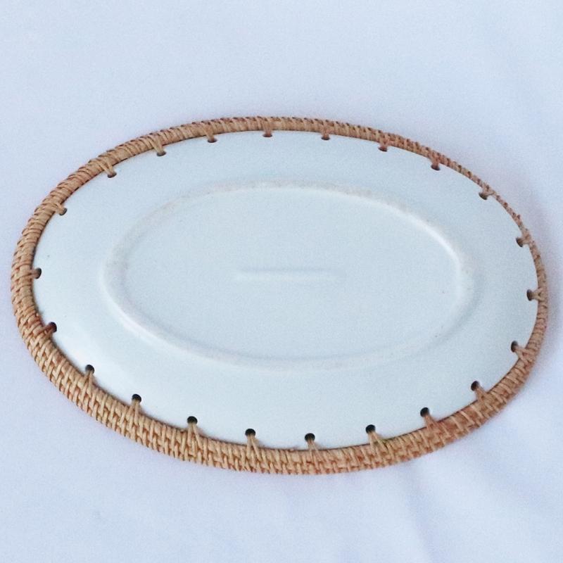 Rattan Serving Plate Oval Ceramic Porcelain Fruit Dessert Food Storage Container