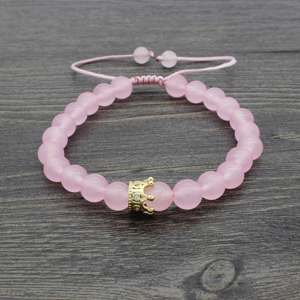 Fashion Women Zircon Crown Pink Stone Strand Bracelet Beads Bangle Jewelry
