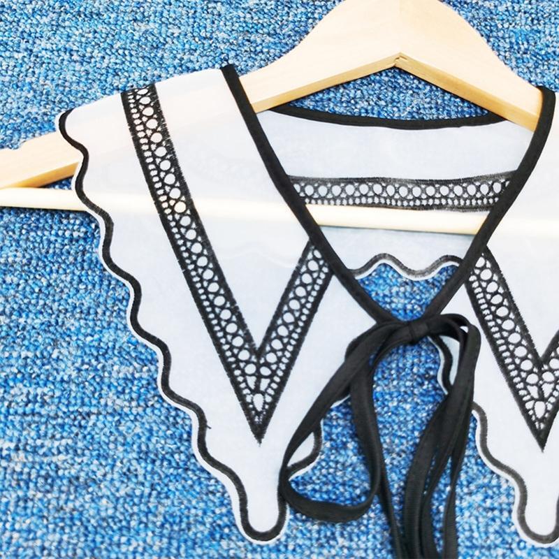 Women Black White Organza Faux Collar Shawl Embroidery Geometric Wavy Scarf Cape