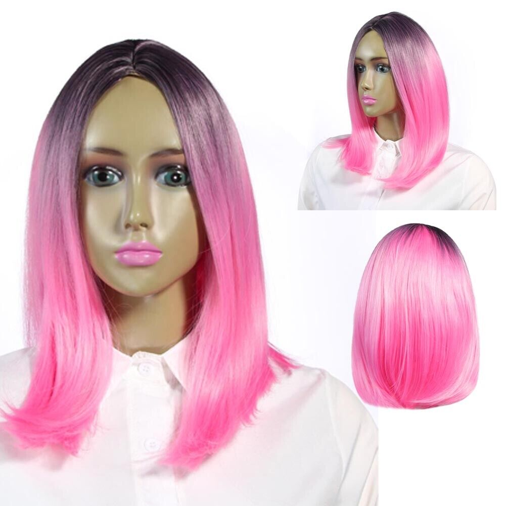 Women Medium-Long Straight Wigs Gradient Pink Heat Resistant Synthetic Hair