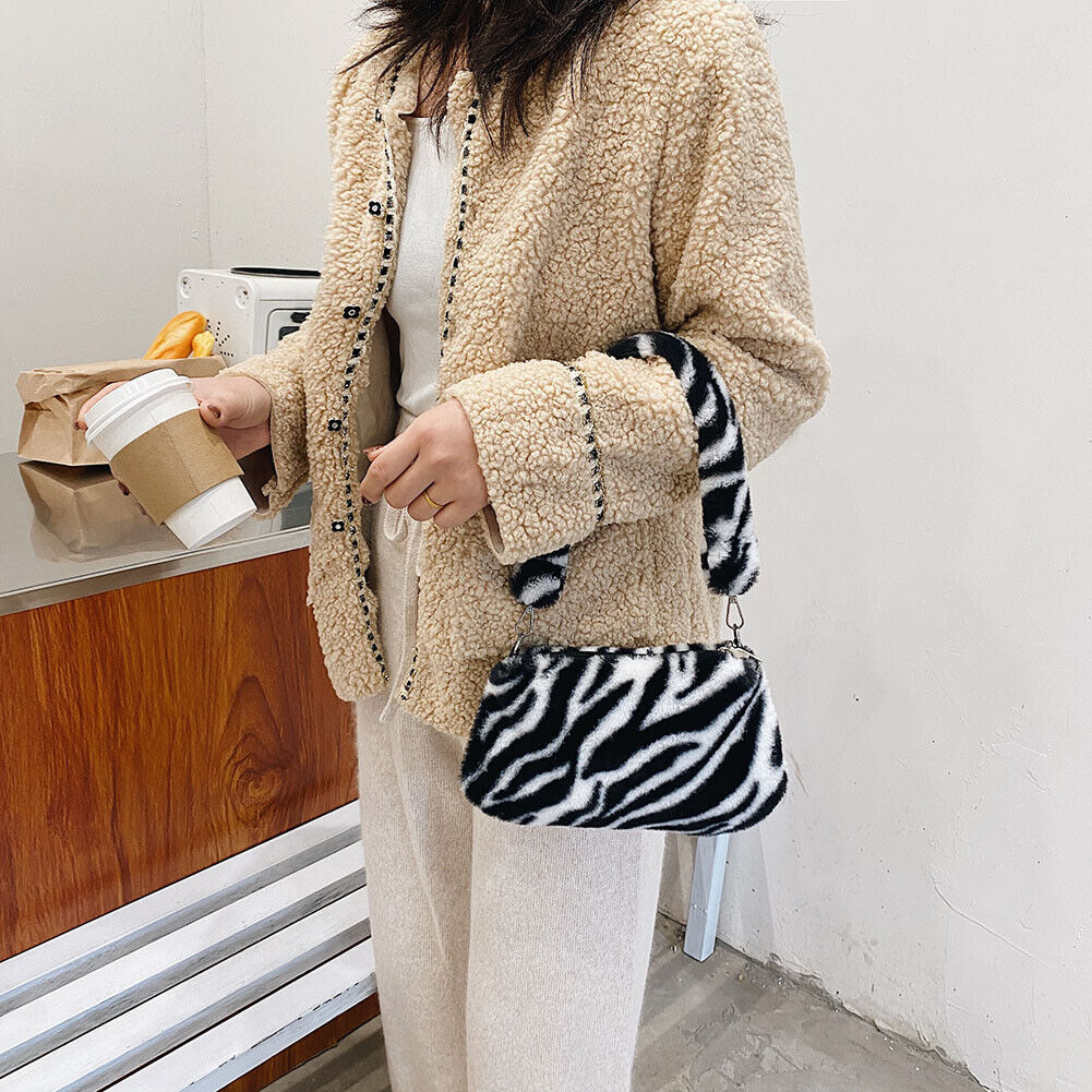 Portable Plush Shoulder Handbag Women Animal Print Underarm Bag Purse (4)