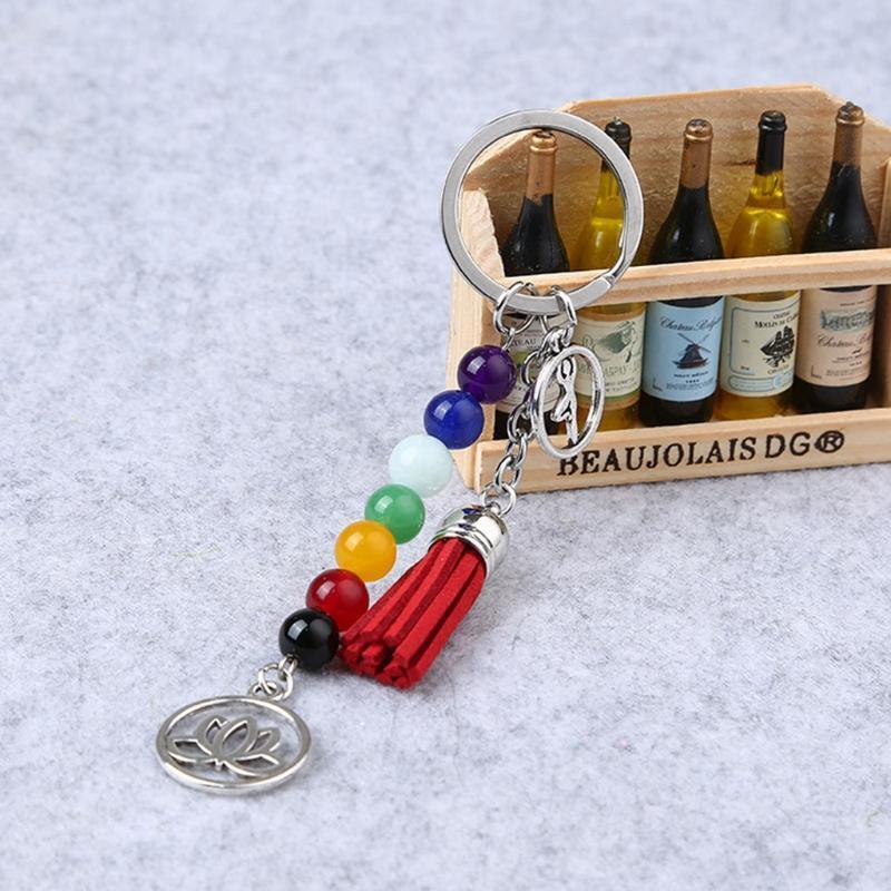 Creative Lotus Tassel Keychain 7 Chakras Colorful Stone Beads for Backpack Purse