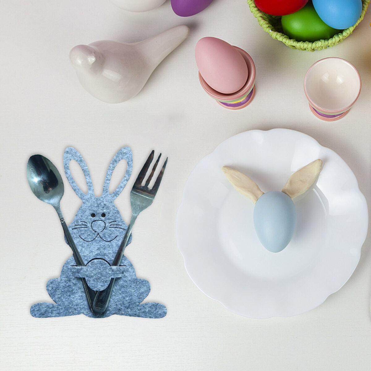 Cutlery Bag - Easter Bunny Dinner Table Decor Supplies 4 Pieces (Grey)