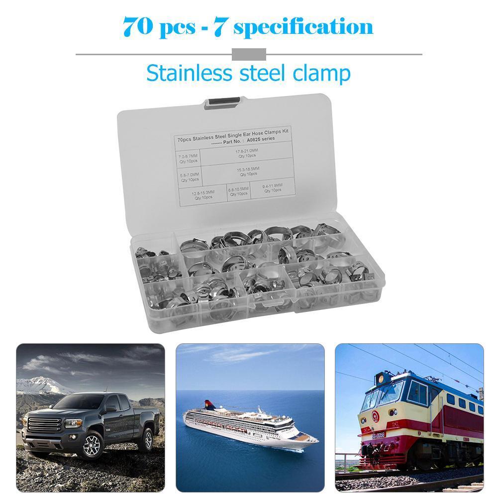 70pcs 7 Sizes Stainless Steel Single Ear Hose Clamps Fuel Air Pipe O Clips