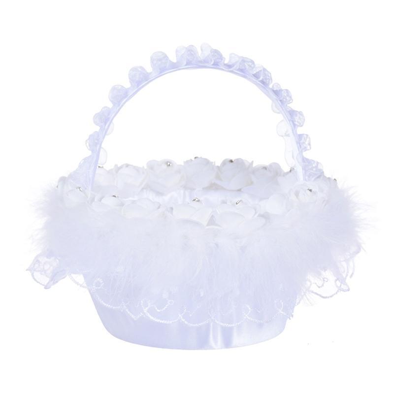 Flower Basket for Wedding Ceremony Ostrich Fluff Lace Faux Flowers Decor