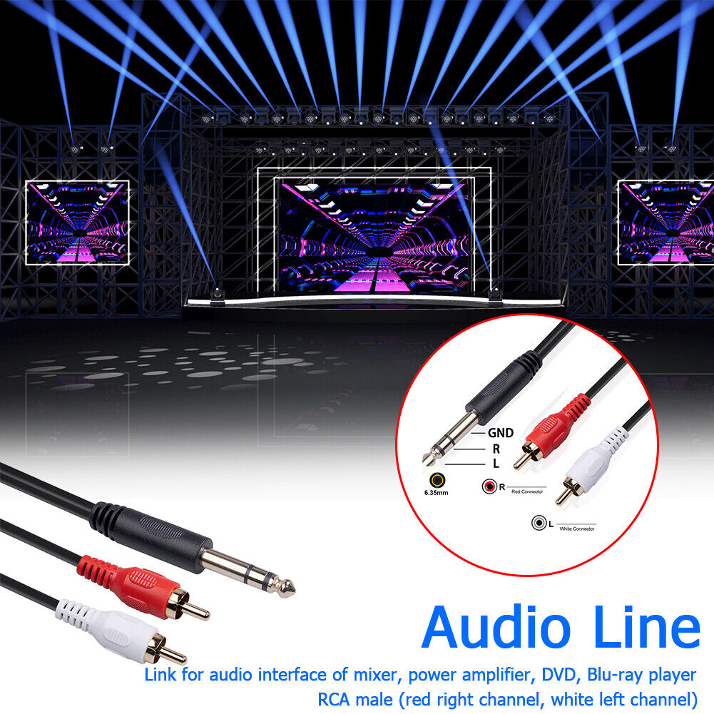2 RCA to 1/4 inch 6.35mm TRS Stereo Audio Cable Male to Male 1.5m/4.9ft