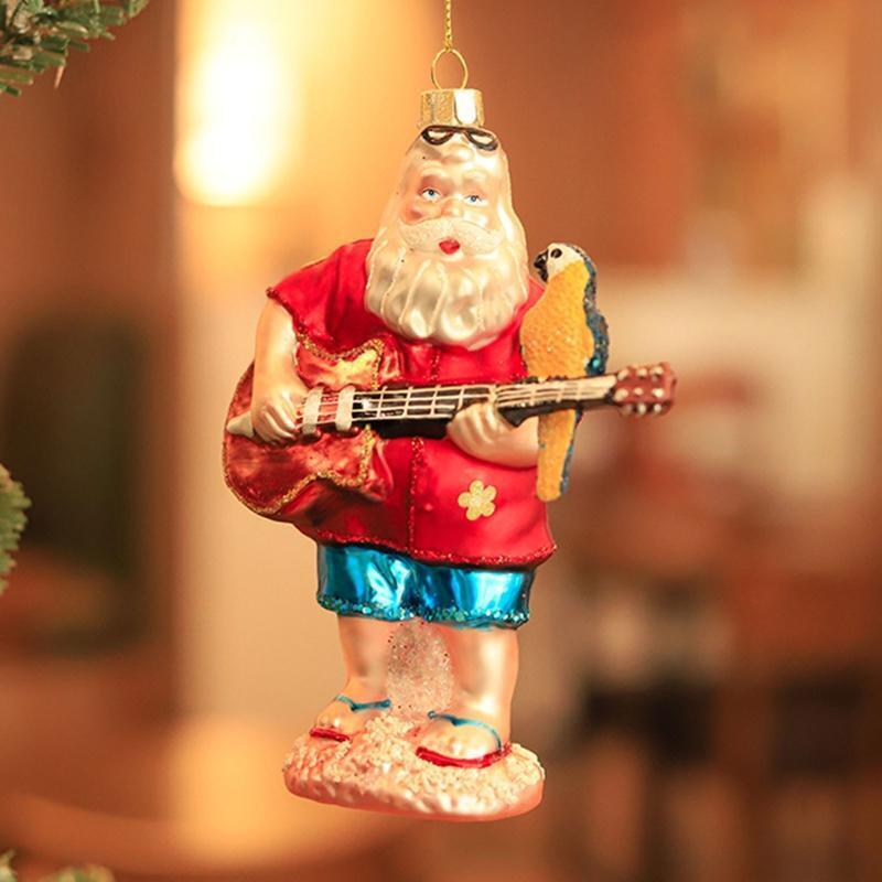 Christmas Beach Santa Claus Play Guitar with Parrot Ornament Xmas Tree Pendant
