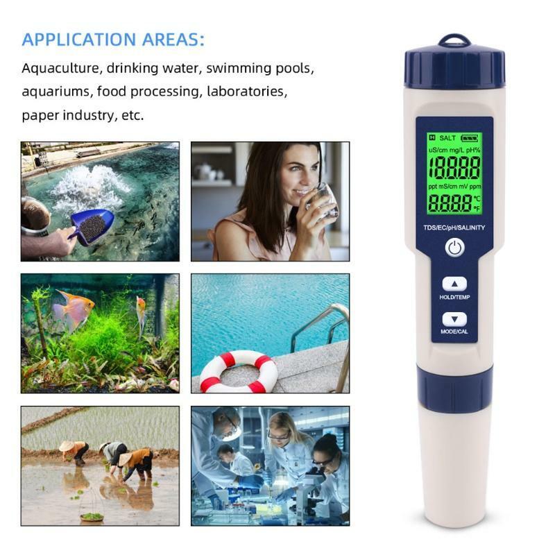 5 in 1 TDS/EC/PH/Salinity/TEMP Water Quality Tester With Electrode Replaceable