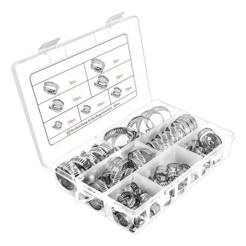 60 Pcs Stainless Steel Hose Clamp Adjustable Worm Gear Hose Clamp Assortment Kit