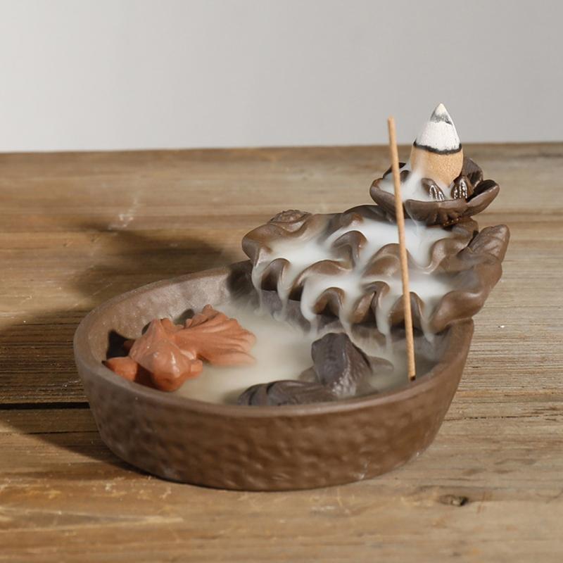 Fish Lotus Backflow Incense Burner Chinese Censer Holder Zen Buddhist Crafts