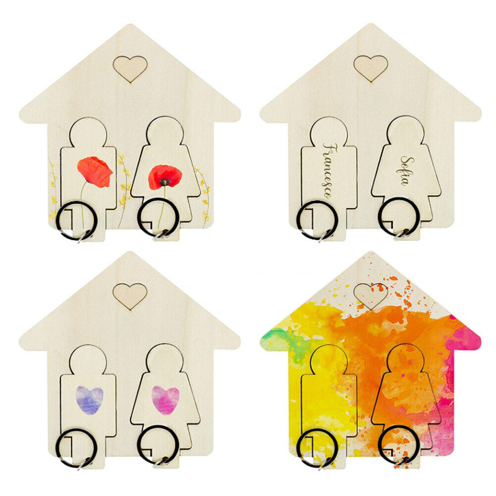 Wooden Key Chain Couples, Set of 2 Keys Ring with Matching Magnetic Hanger