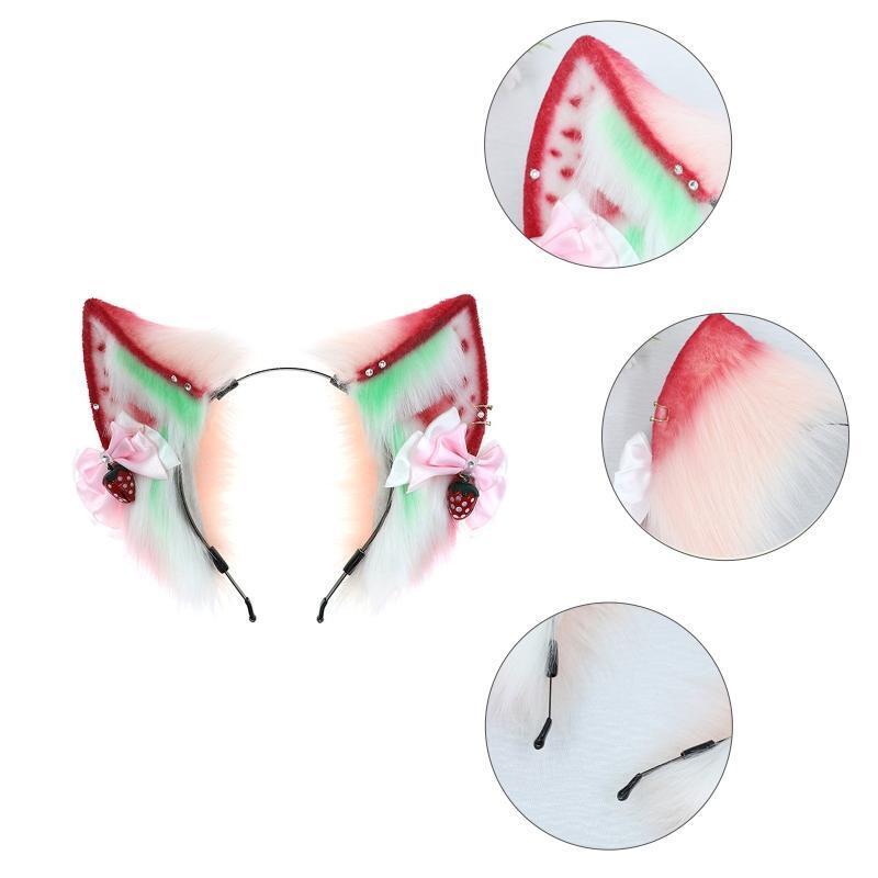 Simulation Animal Strawberry Cat Ears Plush Headband with Bow Gift for Birthday