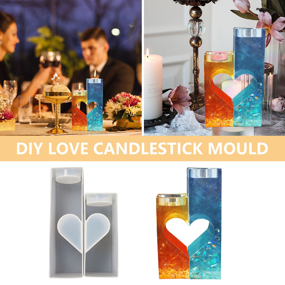 Candle Holder Molds Heart Silicone Tealight Candlestick Molds Kit - White