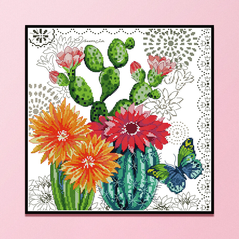 Partial Cross Stitch DIY 14CT Printed Prickly Pear Flower Wall Artwork Kits