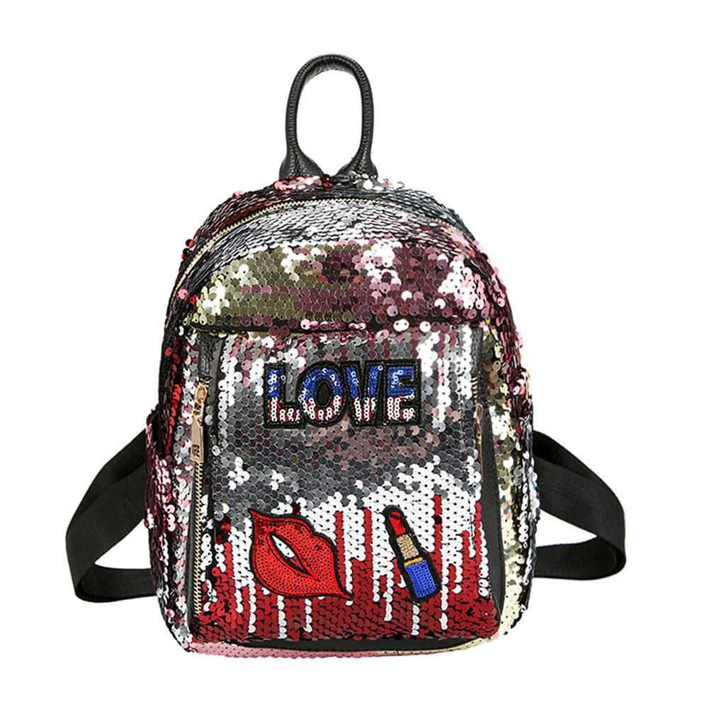 Sequins Backpack Women Girls Casual Preppy Style Lips Shoulder Bag(Red)-192