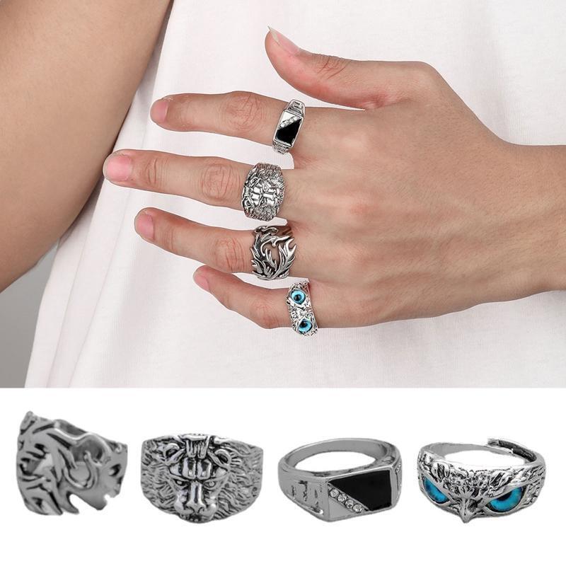 4Pcs Men's Punk Rings Gifts Hip Hop Cross Owl Rings Exaggerated Street Rings