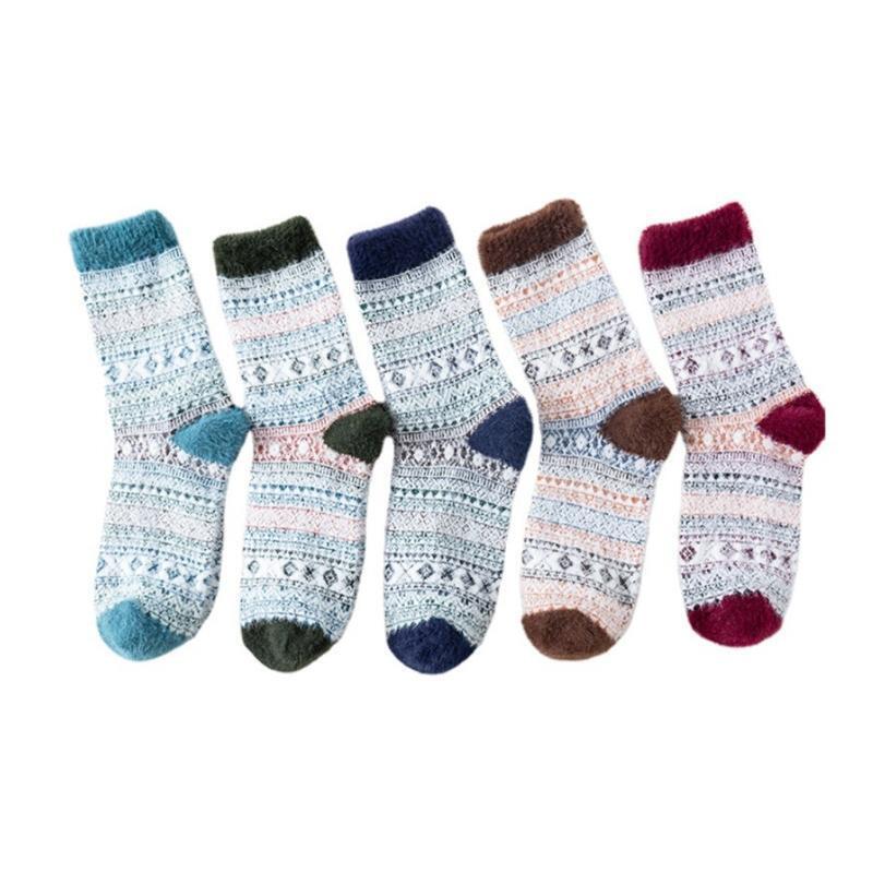 5 Pairs Men Winter Warm Knit Furry Socks Ethnic Multicolor Fuzzy Thermal Hosiery