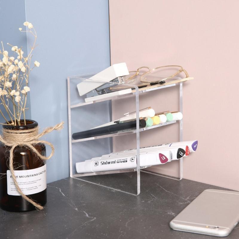 Desktop 3-grid Clear Pen Holder Transparent Makeup Tools Organizer Holder Box
