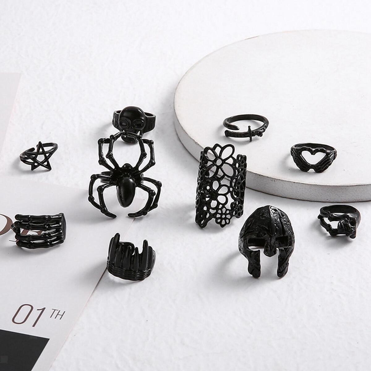 10 Pieces Stylish Punk Alloy Ring Set Decoration Statement Ring Temperament