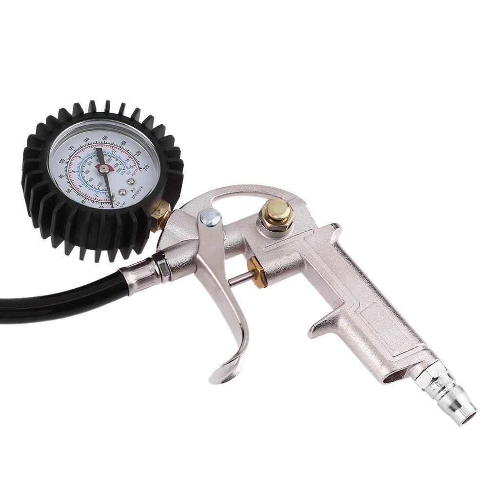 Lock On Chuck Flexible Hose Tire Inflator with Air Pressure Gauge Pistol