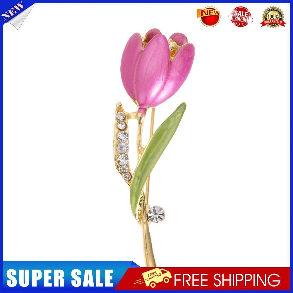 Tulip Flower Brooch Pin Crystal Rhinestone Women Costume Jewelry(Rose Red)