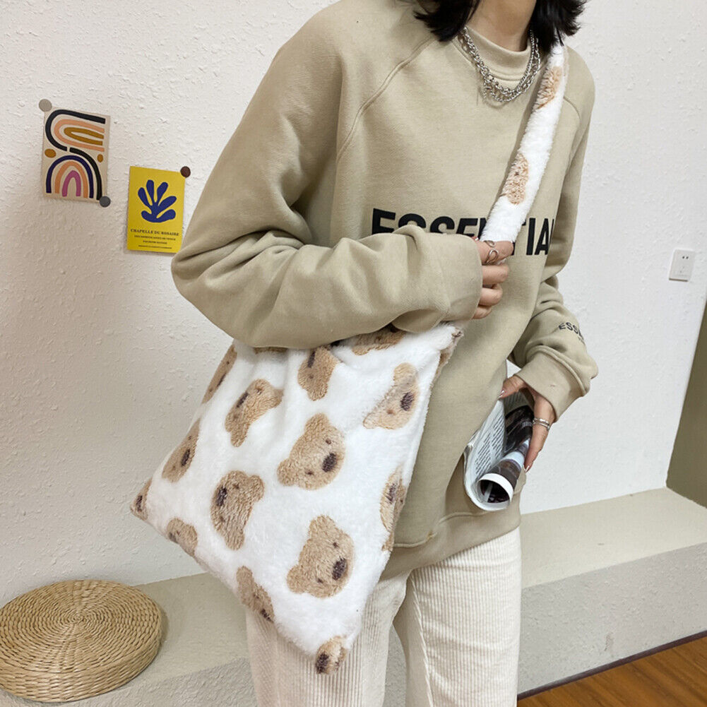 Autumn Plush Shoulder Handbag Women Bear Big Capacity Messenger Bag (B)