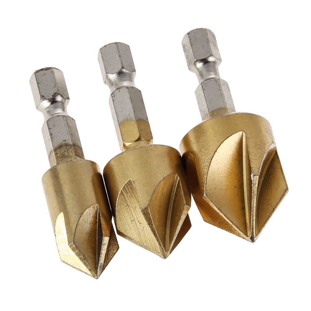 3pcs 5 Flutes HSS 1/4 Inch Hex Shank Chamfer Cutter 12/16/19mm Countersink