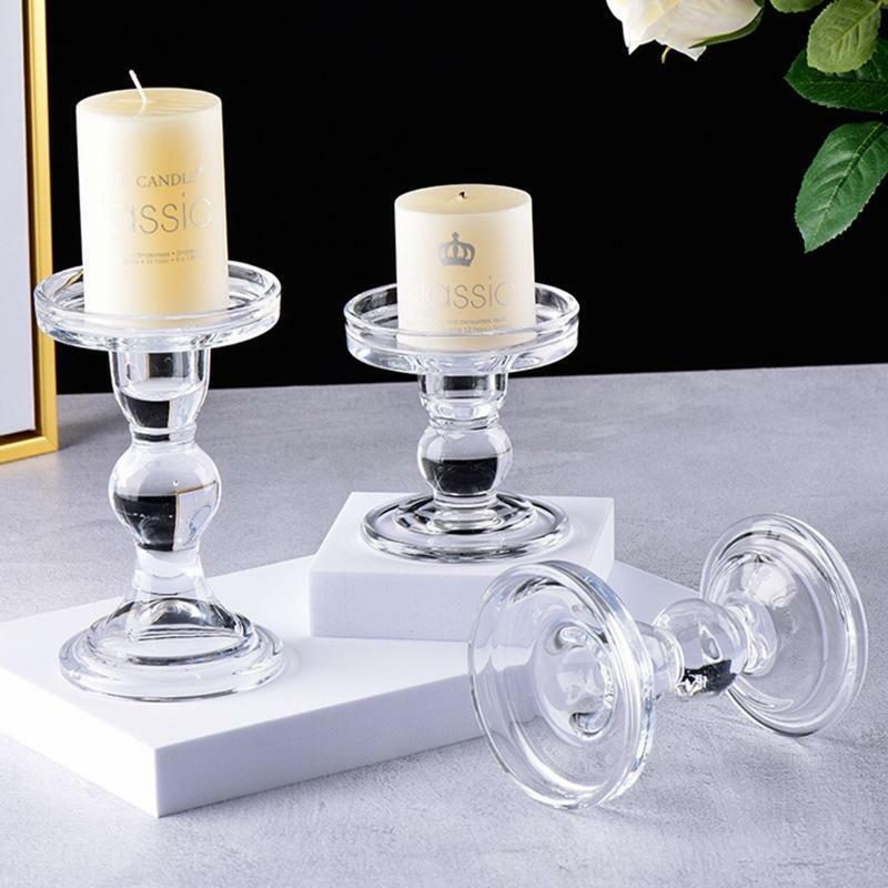 Clear Glass Candle Holder Set of 3 Tall Candlestick Stand Kit Desktop Ornament