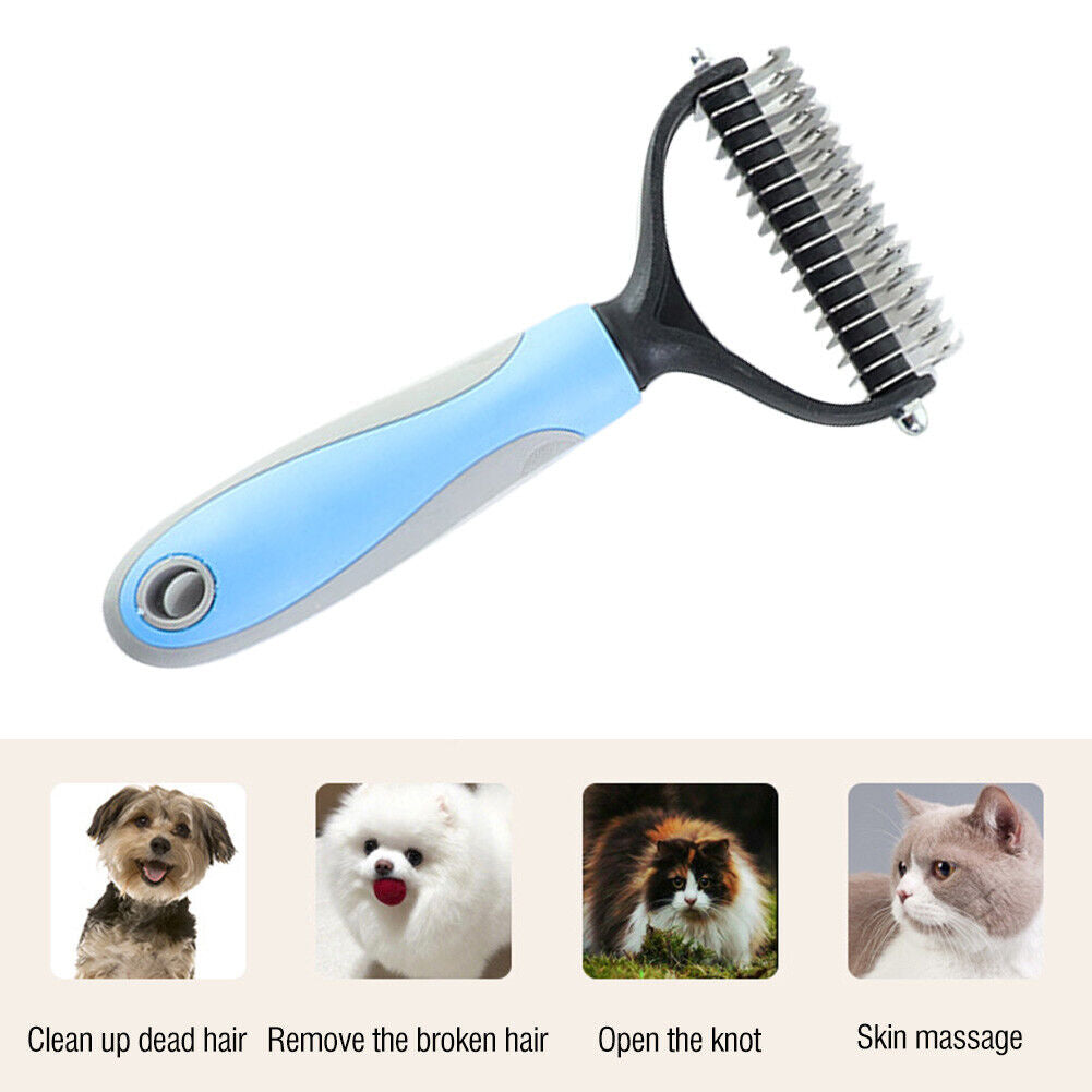 Hair Removal Comb for Dogs Cat Double-sided Dematting Pet Brush (Blue L)