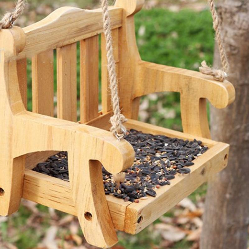 Hanging Bird Feeder Wooden Swing Bench Food Tray Outdoor Decor for Yard Balcony