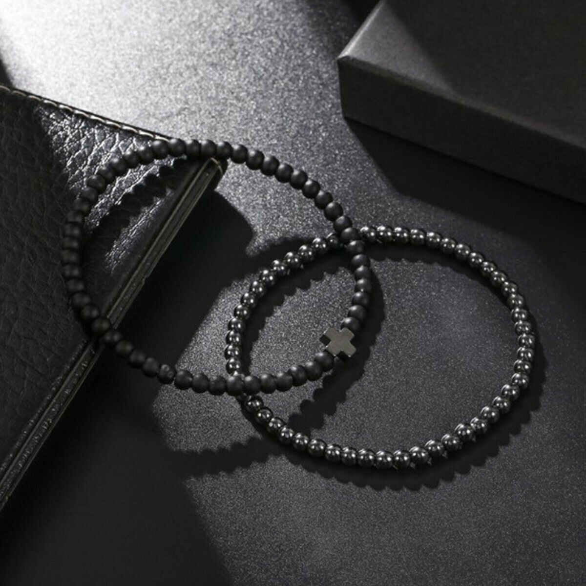 2pcs/set Cross Cooper Bead Bracelet Men Matte Lava Volcanic Stone Jewelry Gift