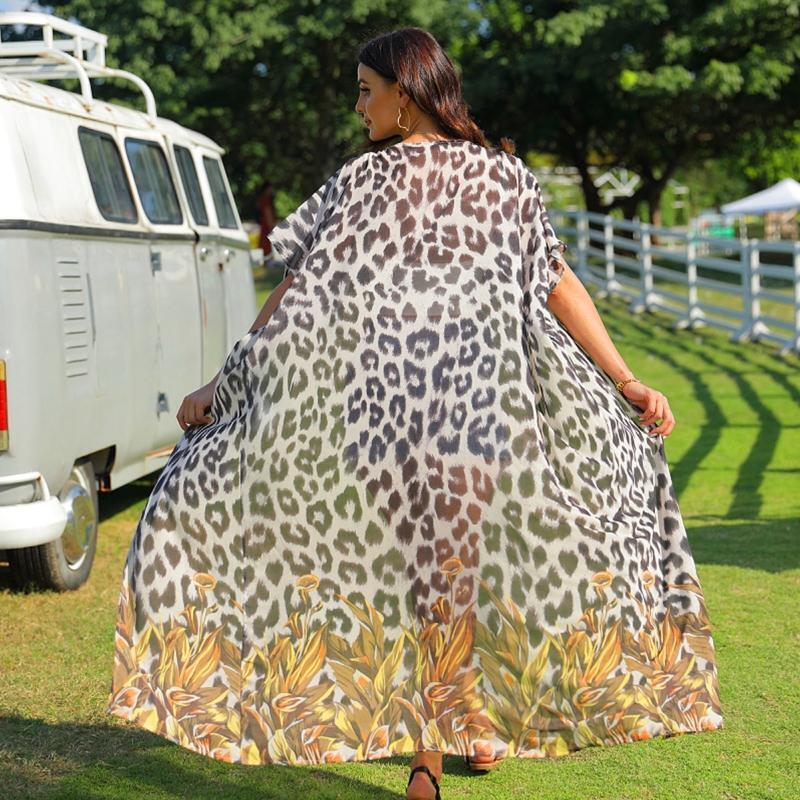 Women Maxi Kimono Cardigan Boho Leopard Print Belted Chiffon Cover Up Blouse