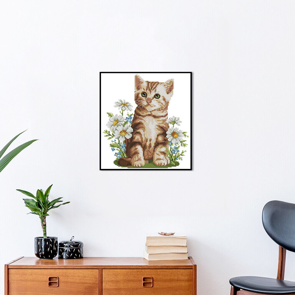 Flower Cat Partial Cross Stitch 14CT Counted Embroidery DIY Animal Crafts