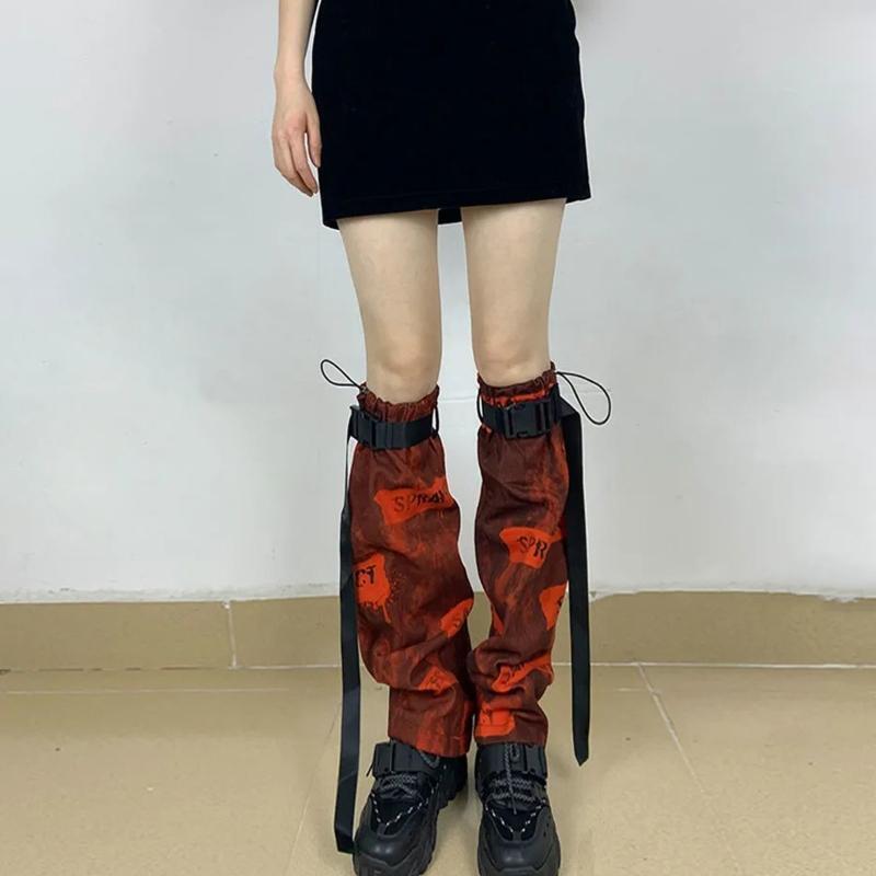 Women Punk Red Letters Leg Warmers with Buckle Belt Gothic Loose Foot Cover Sock