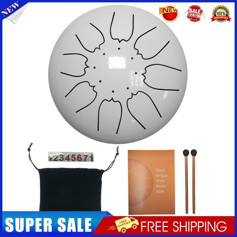 6 inch 8 Tune Steel Tongue Drum Set with Drumstick Pad Carrying Bag (White)