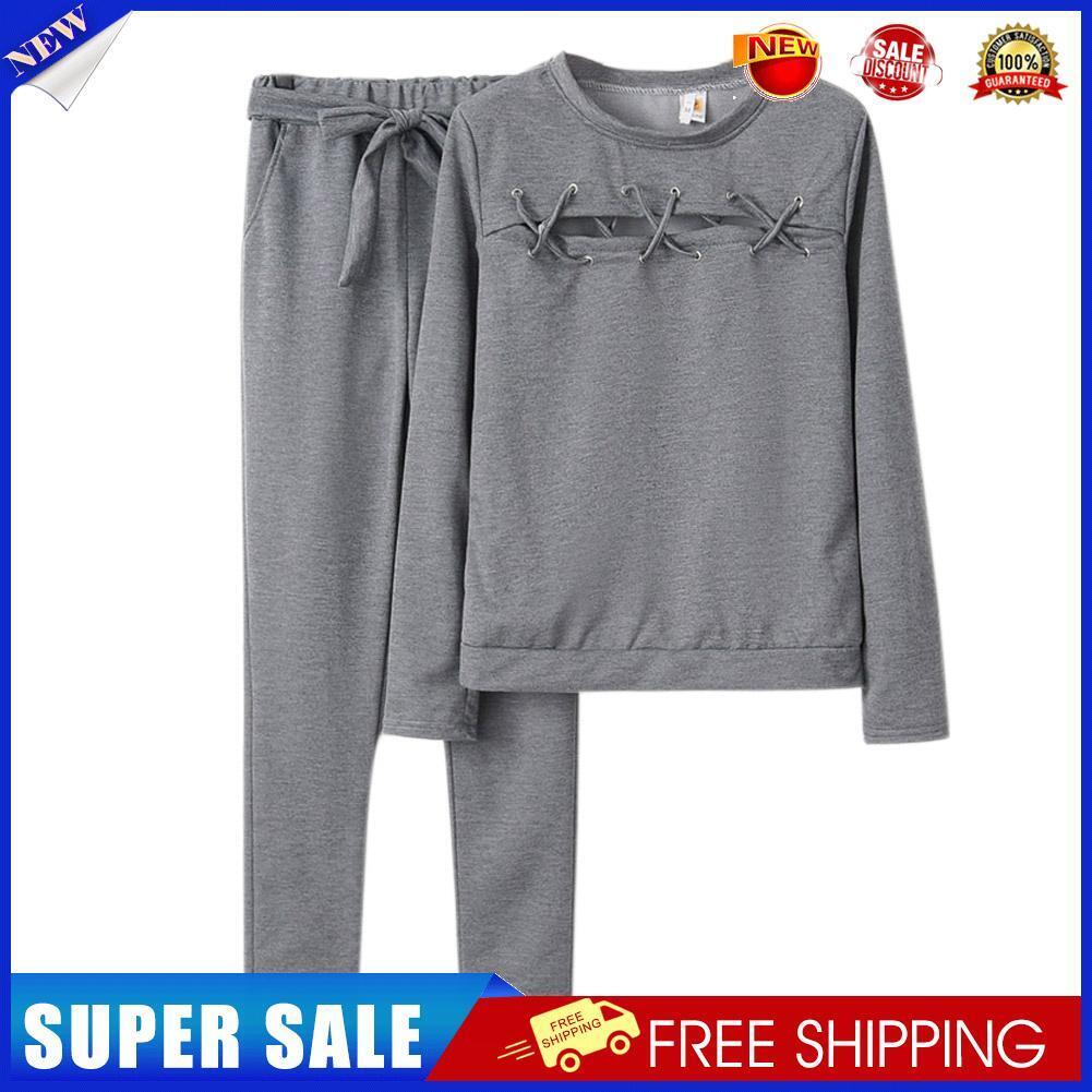 Women Hollow Sportswear 2pcs Clothes Sets Sweatershirt Pants (Grey XL)