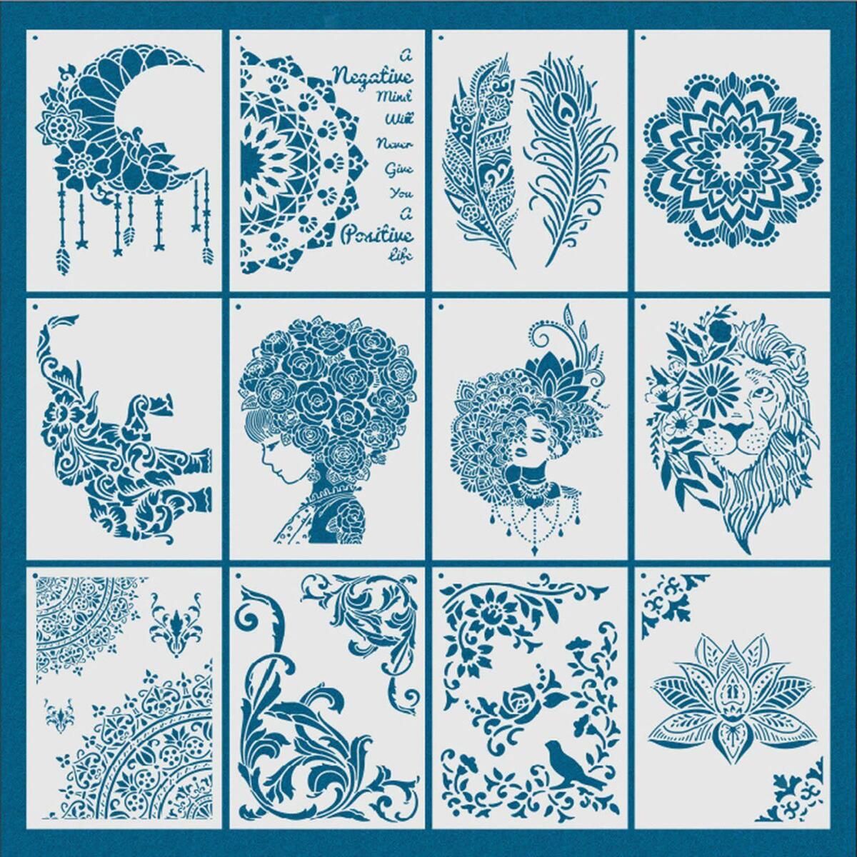 12 Pieces Mandala Stencil Reusable Painting Template for  Fabric