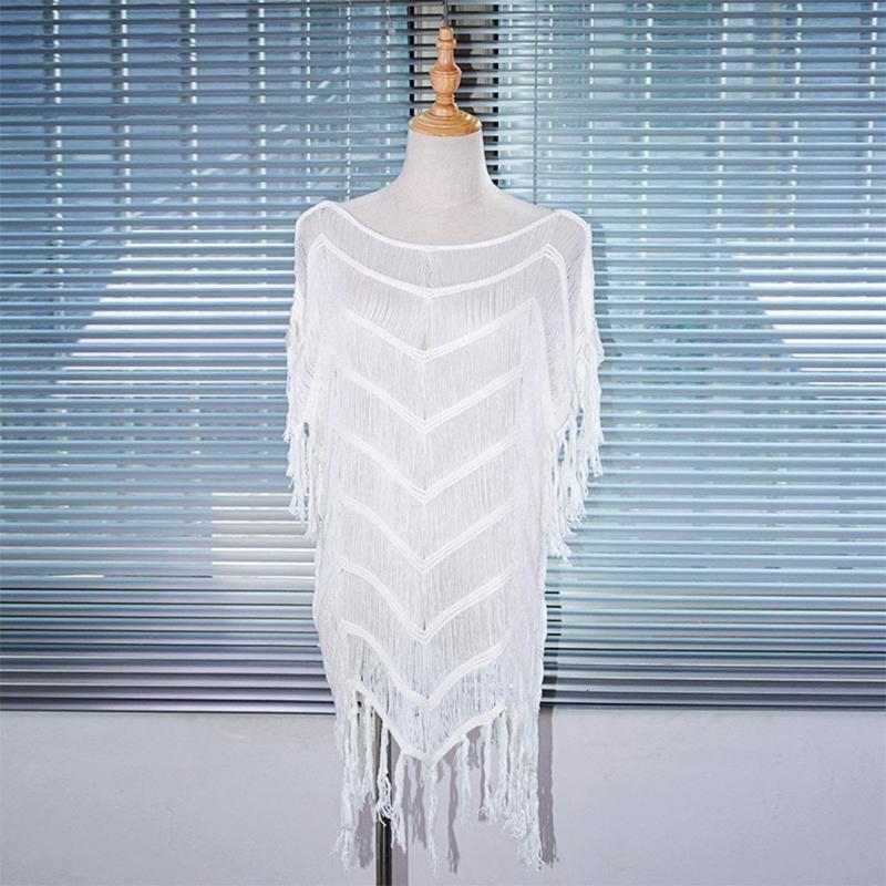 Women Summer Crochet Striped Swimsuit Bikini Cover Up Fringe Tassel Beach Dress