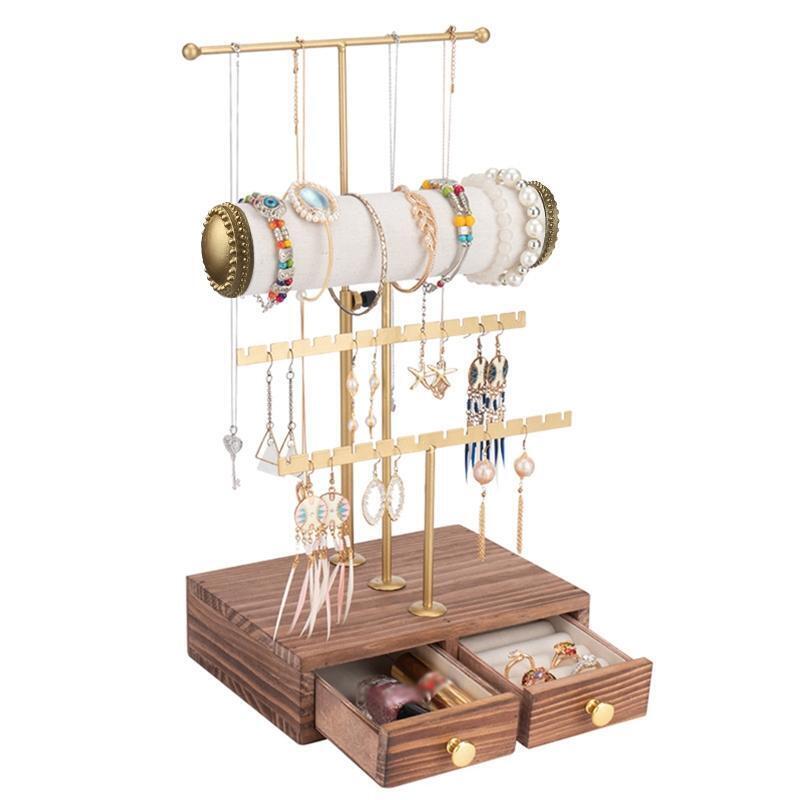 Jewelry Organizer Wooden Jewelry Drawer Storage Box 4 Tier Jewelry Tree Stand