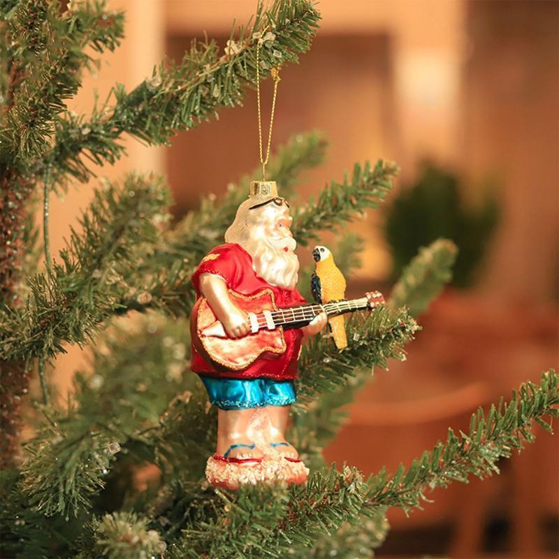 Christmas Beach Santa Claus Play Guitar with Parrot Ornament Xmas Tree Pendant