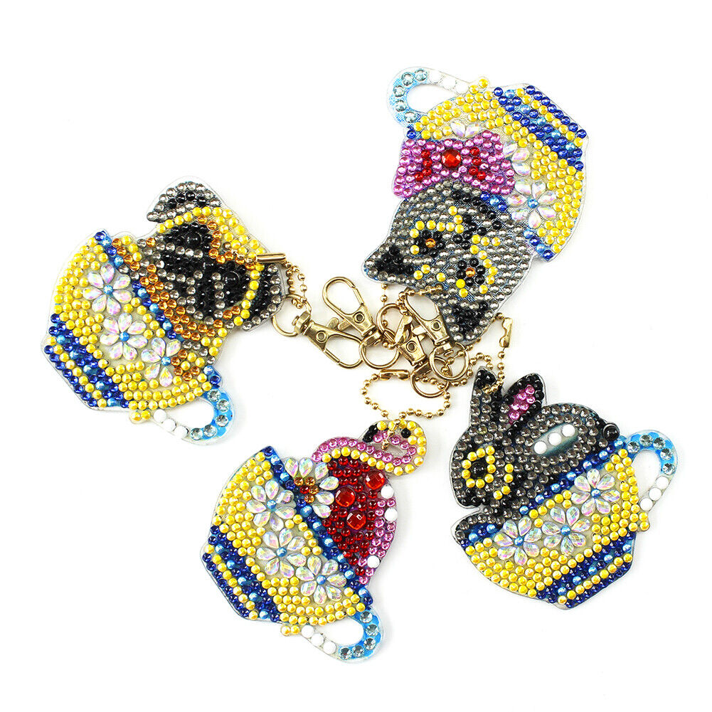 4x DIY Diamond Painting Keychains Cup Animal Embroidery Needlework Keyrings