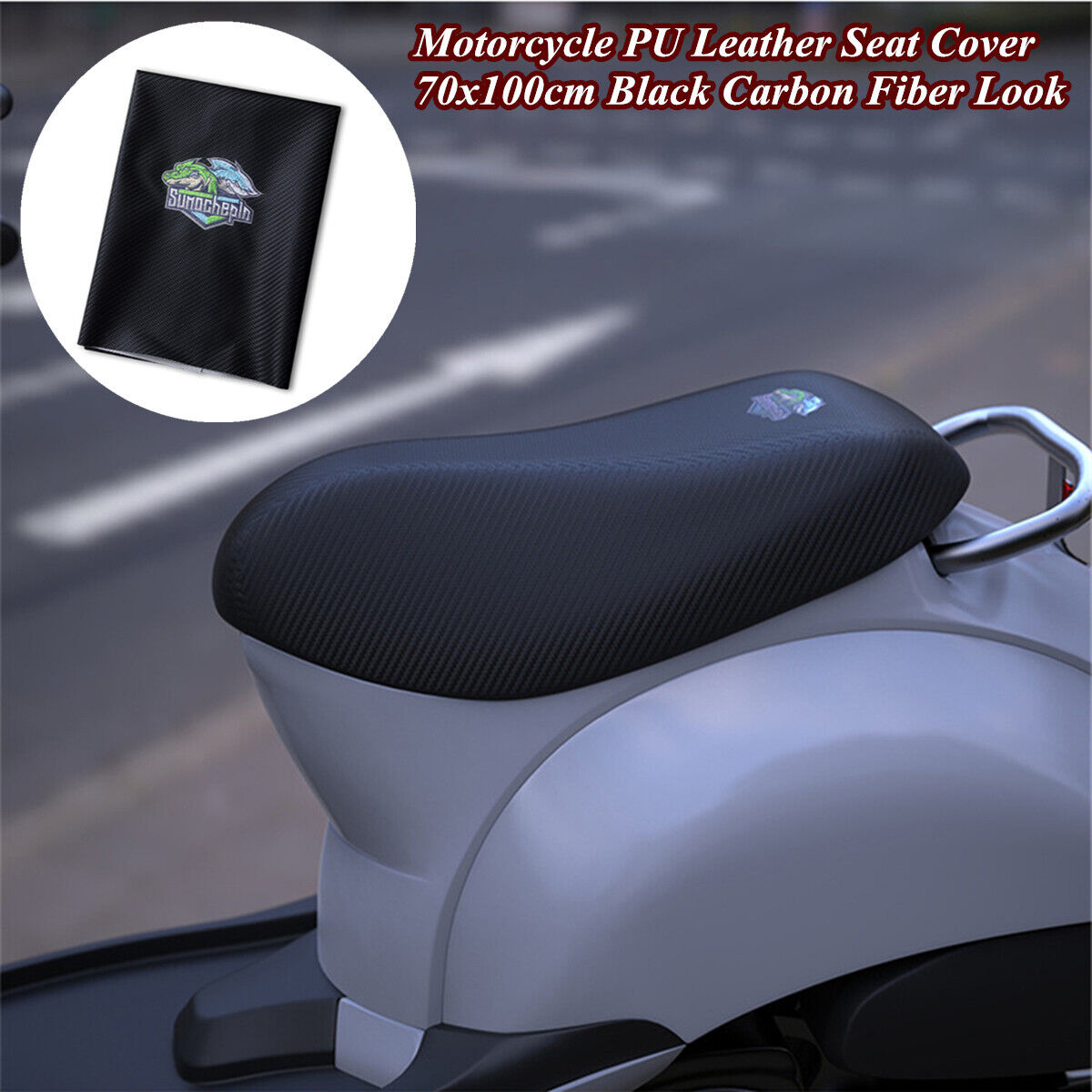 Motorcycle Scooter Black Carbon Fiber Look PU Leather Seat Cover Protector Cover