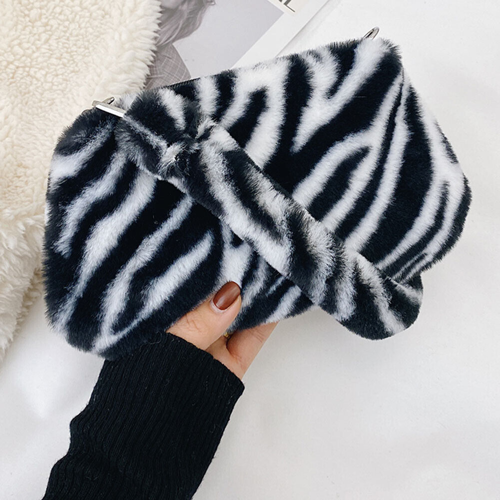 Portable Plush Shoulder Handbag Women Animal Print Underarm Bag Purse (4)