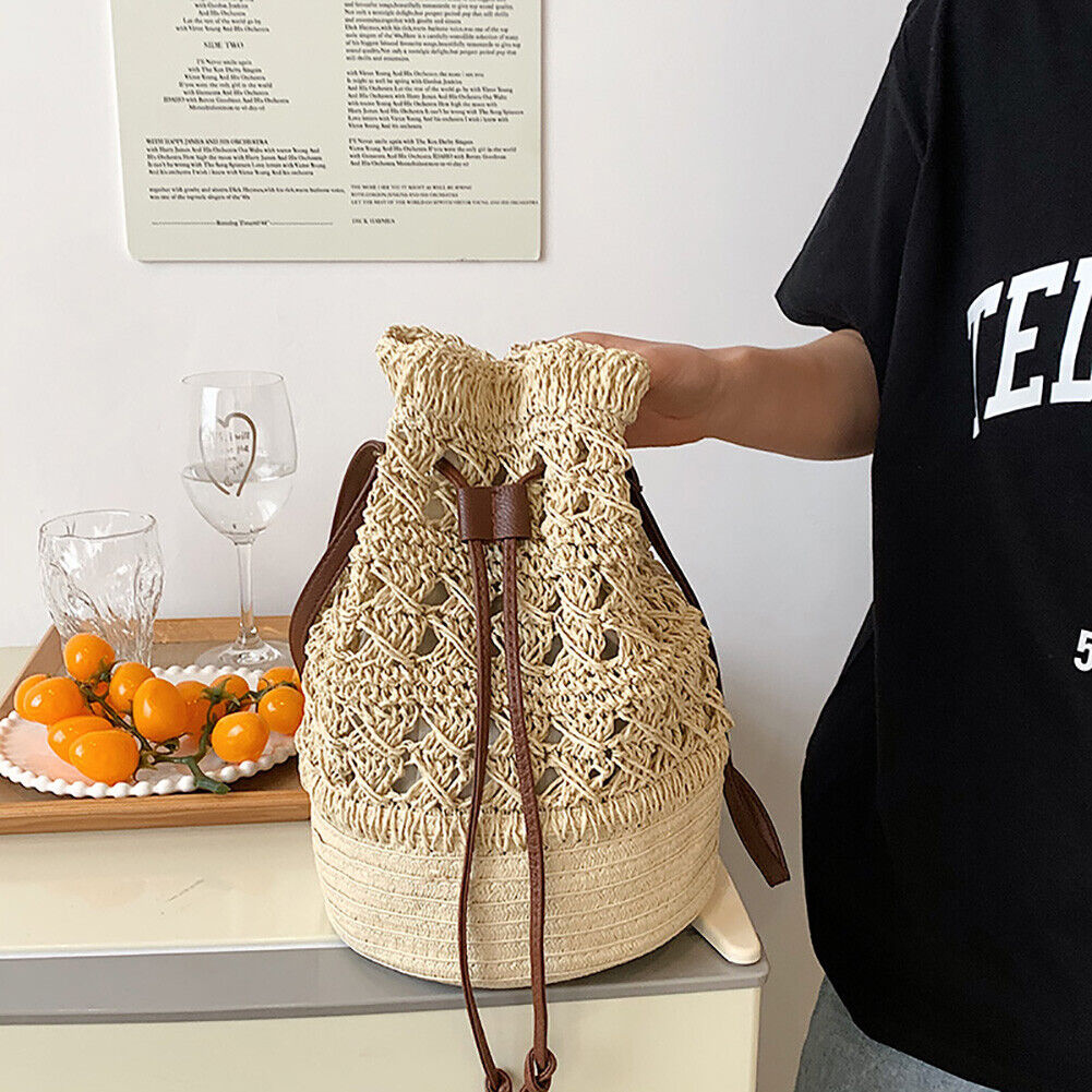 Straw Women Hand-Woven Rattan Bucket Tote Drawstring Shoulder Bags (Beige)