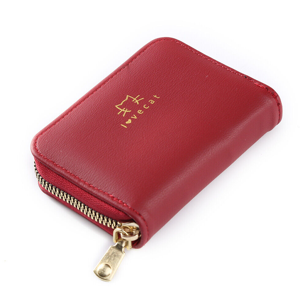 Women Card Holder Cat PU Leather Clutch Wallet Zipper Purse (Wine Red)