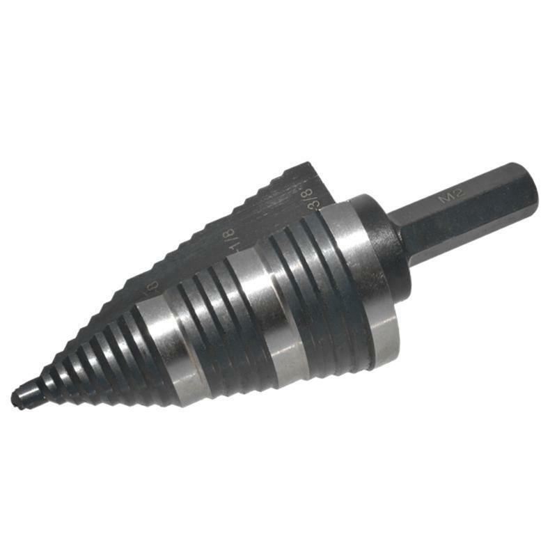 Dual-Fluted Stepper Bit 3/8" Hex Shank 7/8 to 1-3/8" for Cutting Metals Plastic